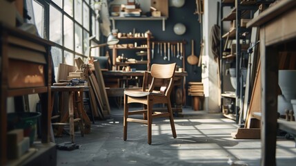Naklejka premium In a Creative Loft Space in a Workshop with Tools and Equipment, a young woodworker checks the layout manual for a beautiful wooden chair.