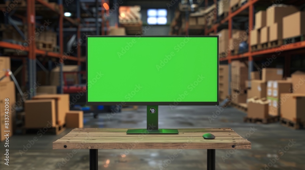 Poster in the background you can see a small workshop with cardboard boxes in front of a pc monitor on a ta