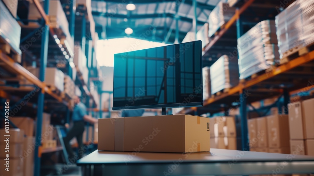 Poster monitored desktop computer on a table with a display. small business warehouse with a worker walking