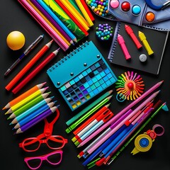 School supplies on black background 