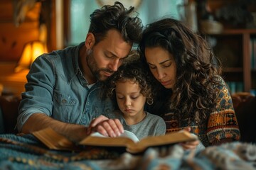 This touching image captures a family in a moment of prayerful reflection, kneeling together with an open Bible nearby. The scene radiates reverence, love, and unity as the family seeks spiritual guid