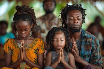 This touching image captures a family in a moment of prayerful reflection, kneeling together with an open Bible nearby. The scene radiates reverence, love, and unity as the family seeks spiritual guid - Powered by Adobe