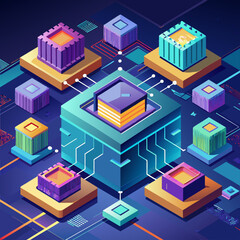 Quantum computer chips. Supercomputing and quantum bits technology. Next-gen computing power. Low poly vector illustration with 3D effect on technological background.1