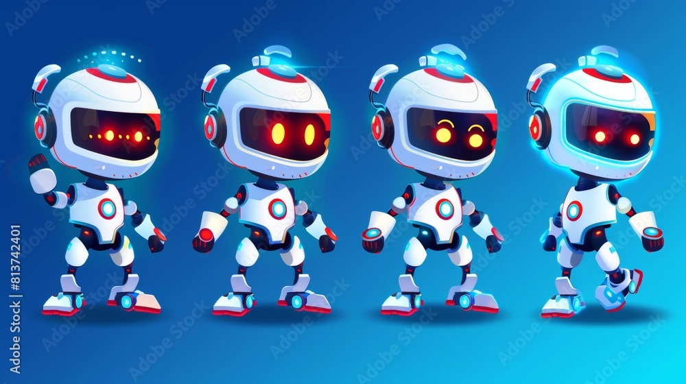 Poster cute robot cartoon character with different poses and face emotions. modern illustration set. artifi