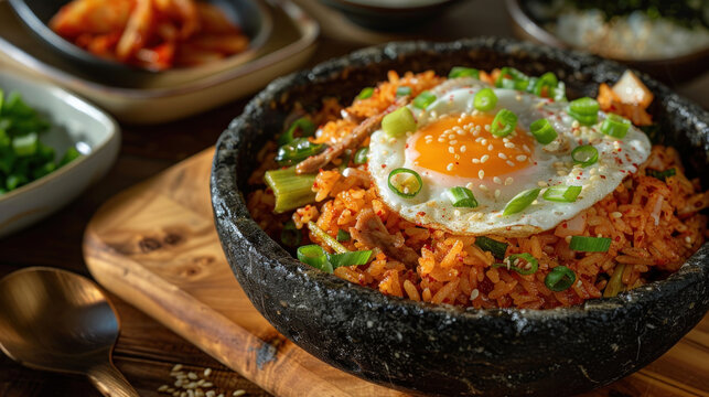 an image of a bowl of hot and spicy kimchi fried rice served in a stone bowl on a wooden surface, packed with tangy kimchi, pork, and vegetables, topped with a fried egg.