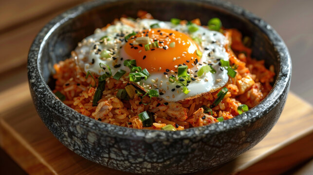 an image of a bowl of hot and spicy kimchi fried rice served in a stone bowl on a wooden surface, packed with tangy kimchi, pork, and vegetables, topped with a fried egg.