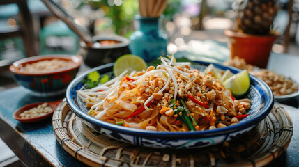 an image of a colorful plate of Pad Thai served on a wooden platter, garnished with crushed...