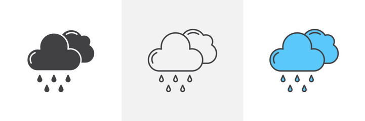 Rain icon set. Rainy cloud weather forecast icons.