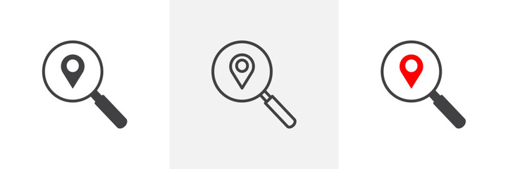 Search location icon set. Icons for location pins and magnifying glasses, place finding.