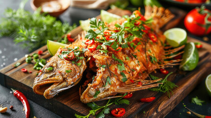 an image of a platter of Thai-style crispy fried fish served on a wooden serving board, garnished with fresh herbs, chili peppers, and lime wedges, offering a delightful combination of crispy texture 