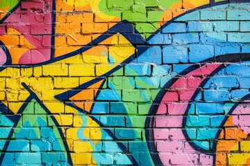 A vibrant display of graffiti on a brick wall, showcasing bold colors and intricate designs in an urban setting