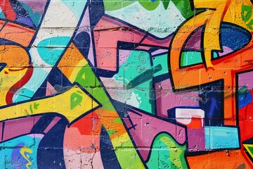 Colorful graffiti art covering a brick wall in an urban setting, creating a striking display of...