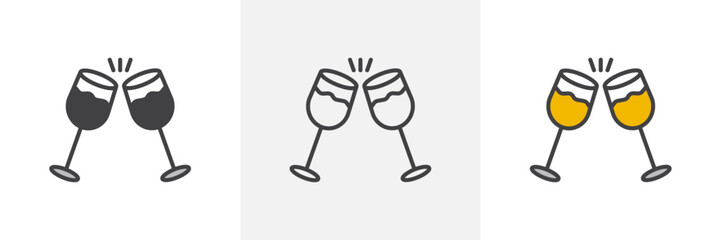 Glass-cheers icon set. Icons for champagne glasses, New Year toasts, and party celebrations.