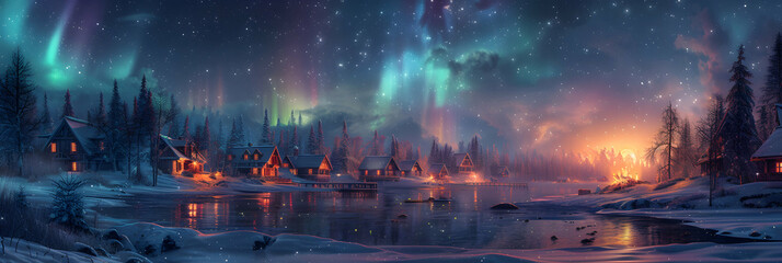 Northern Lights illuminating the Coastal Village   A serene blend of civilization and nature under the enchanting Northern Lights in this photo realistic concept.
