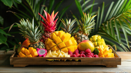 an image of a tropical fruit platter displayed on a wooden tray, featuring fresh Thai fruits like mango, pineapple, and dragon fruit, inviting viewers to indulge in Thailand's delicious 
