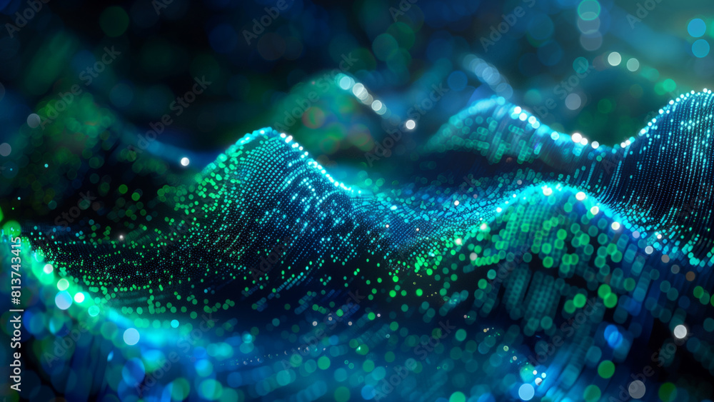Poster dynamic digital landscape: futuristic blue and green wave pattern illustrating advanced data science