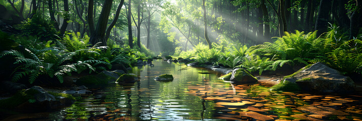 Tranquil Old Growth Forest Stream: Serene Flow Through Ancient Woodlands, Reflecting Lush Vegetation   Photo Realistic Nature Stock Concept