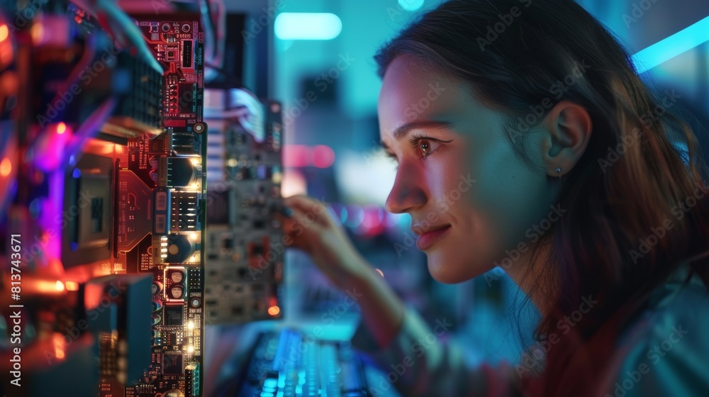 Poster this is a portrait of a beautiful smiling intelligent industrial engineer in an agency working on a 