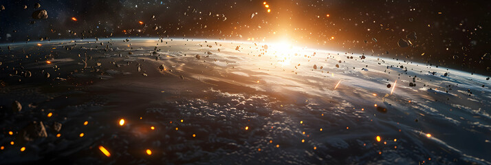 Photo realistic view of Orbital Debris Monitoring concept showcasing sophisticated systems tracking and managing debris for safe space operations