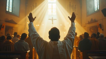 In total devotion to God and guided by the teachings of Jesus Christ and the Bible, a Christian Priest lifts his hands in blessing his congregation while praying in church.