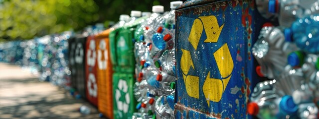 Naklejka premium environmental protection sign on a garbage can. selective focus