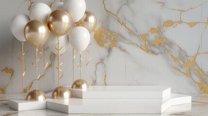 White and gold balloons with marble background.