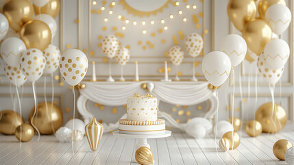White and gold luxury birthday party decorations.