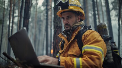 Obraz premium This portrait depicts a handsome firefighter using a heavy duty laptop computer to report on a dangerous wildland fire in the forest.