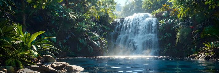 Tropical Rainforest Waterfall Oasis: A Vibrant Jungle Hideaway with a Stunning Cascading Waterfall Amid Lush Greenery   Photo Realistic Stock Concept
