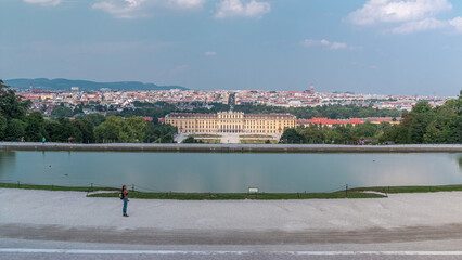 Beautiful view of famous Schonbrunn Palace timelapse with Great Parterre garden in Vienna, Austria