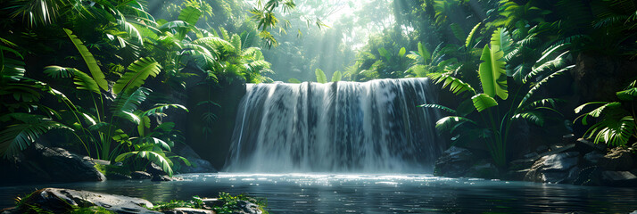 Enchanting Rainforest Waterfall Oasis: Hidden Tropical Gem with Vibrant Lush Vegetation   Photo Realistic Image Spotlighting the Beauty of a Stunning Waterfall in a Tropical Rainfo