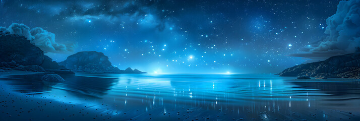 Nighttime Magic: Bioluminescent Waters Reflecting Calmness, Stars, and Sky   Photo Realistic Concept on Adobe Stock