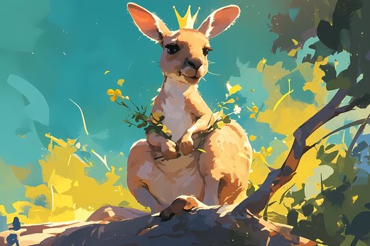 a kangaroo is wearing a crown