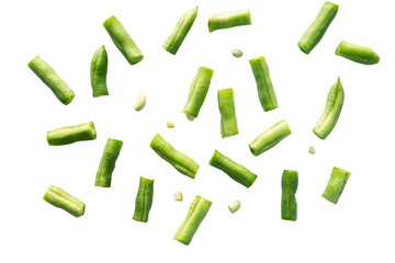 chopped green peas are isolated on a white background, top view.