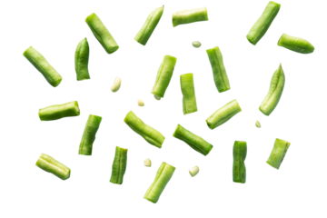chopped green peas are isolated on a white background, top view.