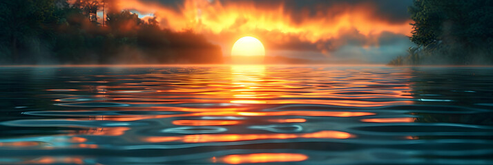Tranquil Sunset: Golden Serenity at a Calm Lake   Stunning Photorealistic Concept of the Sun Setting over a Peaceful Waterscape