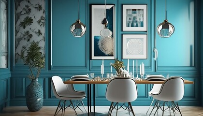 Blue dining room decorated for a special occasion, dinner with friends in modern luxury living room, created with generative AI