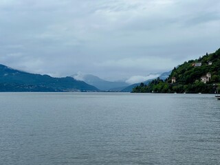 Atmospheric View from Cannobio Across Lake Maggiore Toward the Misty Hills of Luino, Verbano-Cusio-Ossola, Piedmont, Italy