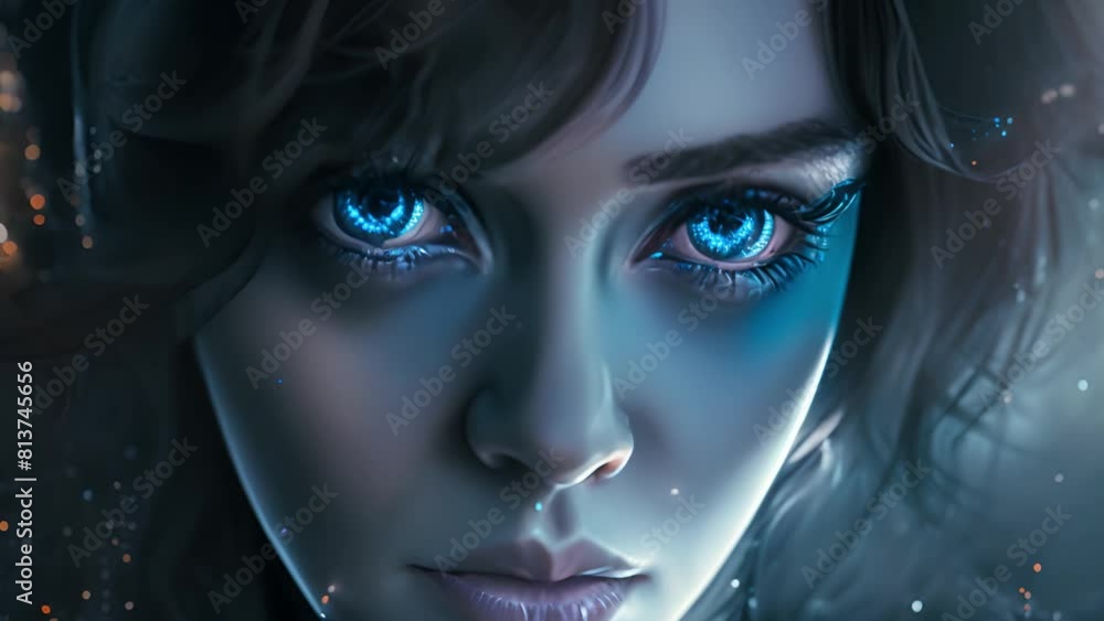 Poster a close-up of a woman with cybernetic enhancements and glowing red eyes interfacing with holographic