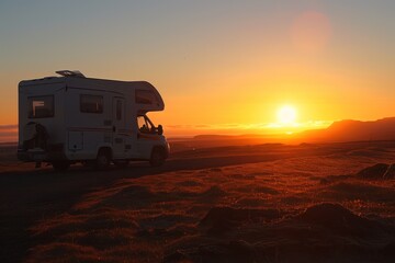 RV Motorhome camper van road trip. Tourists in rental car campervan by view of mountains in beautiful nature landscape on the road in Iceland at sunset. People on travel vacation adventure.