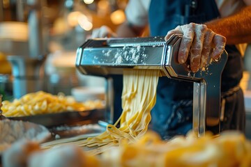 A close shot of an unrecognized man using pasta maker to make pasta with a big blurry backdrop and space for text or product advertisement, Generative AI. - Powered by Adobe