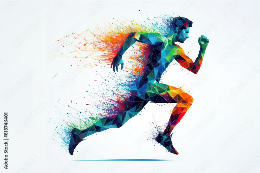 Wall mural polygonal person man running colorful splash contrast sharp on white background