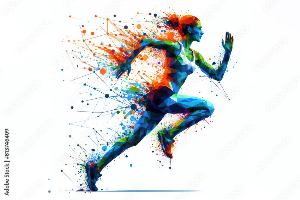 Wall mural polygonal person woman running colorful splash contrast sharp on white background