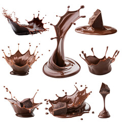 Chocolate drops and splashes isolated on white background.