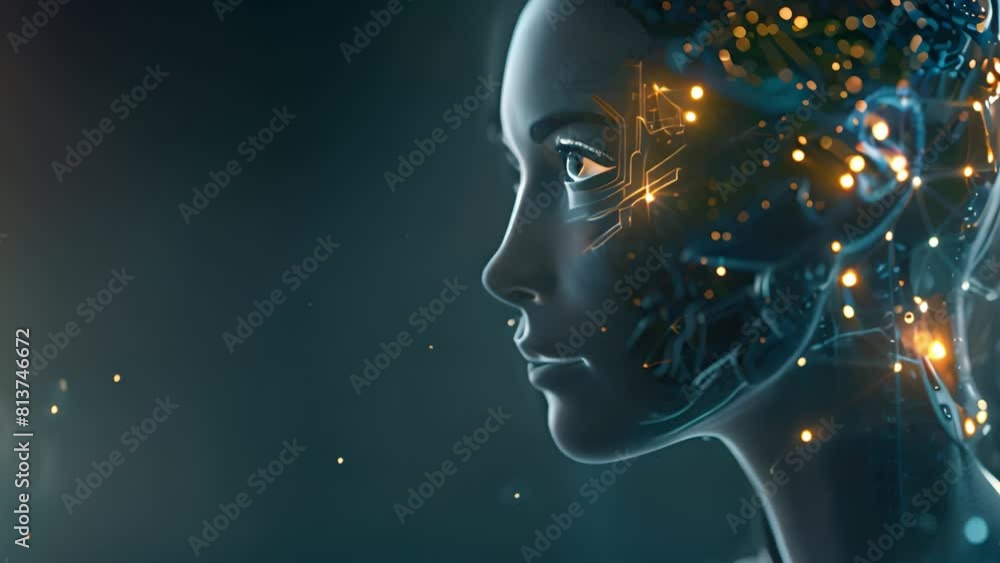 Poster A digital profile view of a human-like face with graphical elements representing artificial intelligence and neural networks.