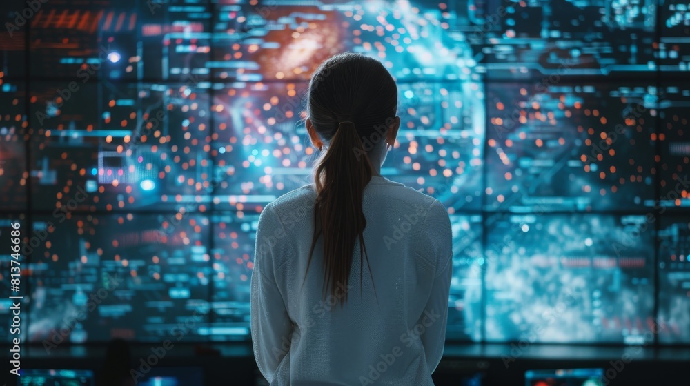 Poster female analyst working in system control room and monitoring telecommunications. back view of young 