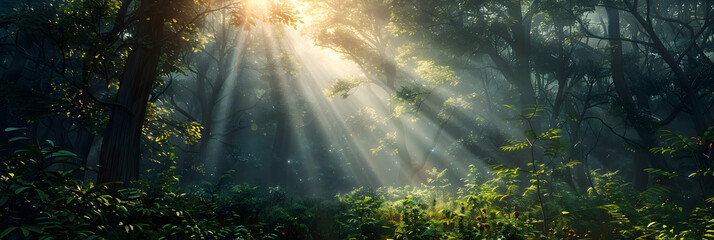 Spectacular Sunbeams Illuminating Dense Forest   A Mesmerizing Play of Light and Shadow in Old Growth Woodland