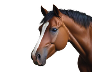 Obraz premium Horse face on isolated transparent background PNG. Beautiful horse a on white background with space for text. Space for copying. Stallion brown. Concept animals. Social media, presentation, website