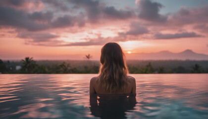 Fototapeta premium Portrait of woman in infinity pool in Bali, sunset view 