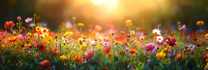 Sunlit Wildflower Field: A Vibrant Tapestry of Colors as Sunlight Bathes the Meadow in a Photo Realistic Concept
